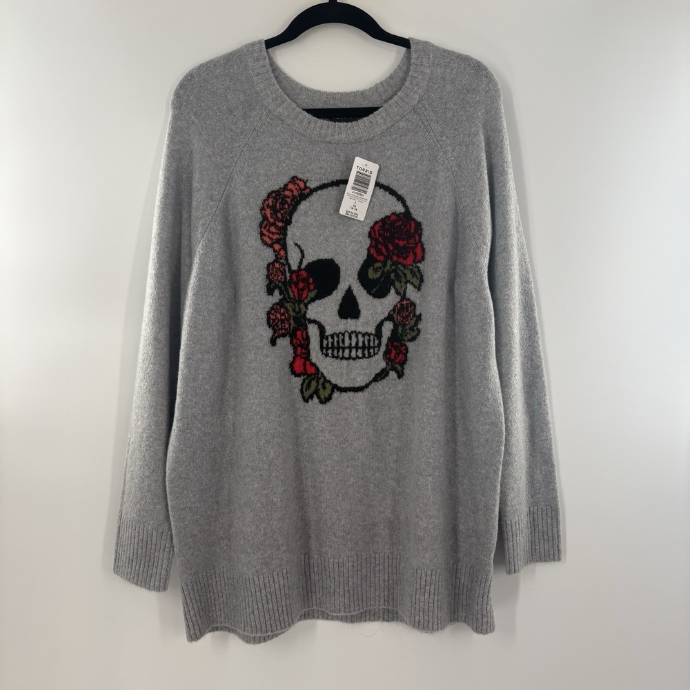 Torrid Skull Rose Vegan Cashmere Pullover Crew Neck Sweater Gray Size 1 1X